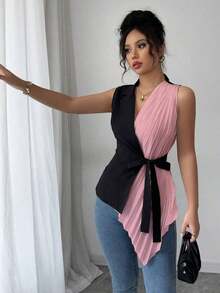Camisa de verano casual regular plisada tejida para mujer - Rosa - Ver 5
