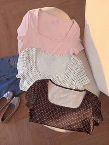 3 piezas Camisetas básicas de mujer de cuello redondo y manga corta, en azul, albaricoque y rosa, adecuadas para uso casual, estilo Y2K, primavera/verano, Día de San Valentín, carnaval, playa, fiesta de cumpleaños, boda, salida y otras ocasiones.Blusa de manga corta linda, blusa femenina, blusa hermosa, camisa linda, blusa linda, blusa de verano rosa, blusa rosa linda, blusa rosa de mujer, elegante, vacaciones, casual, estilo Y2K, primavera/verano, Día de San Valentín, carnaval, playa, fiesta de cumpleaños, boda, salida y otras ocasiones.Blusa con gráfico de corazón rojo - Multicolor 9 - Ver 7