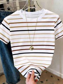 Camiseta de manga corta de cuello redondo a rayas, versátil y casual para uso diario de mujer - Multicolor - Ver 3