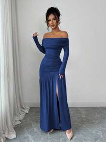 Vestido de punto ajustado de manga larga con hombros descubiertos, elegante y vintage, adecuado para otoño/invierno, Halloween - azul real - Ver 4