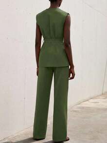 Traje de mujer de unicolor sin mangas, de diseño minimalista y versátil para uso diario - Verde - Ver 2