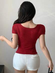 Camiseta ajustada de verano para mujer con escote palabra de honor, manga corta y hombros descubiertos, con detalle de nudo retorcido, top corto para mujer - Rojo - Ver 3