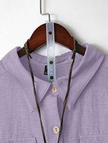Camisa casual de moda cómoda para mujer de talla grande, de unicolor, con cierre de botones completo, cuello de solapa, manga corta y bolsillos dobles - Morado - Ver 5