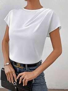 Blusa de manga de murciélago sólida, blusas de manga corta - Blanco - Ver 4
