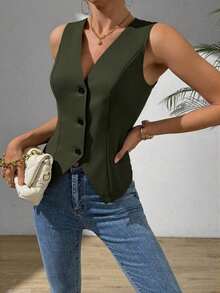 Chaleco informal sin mangas con abertura lateral para mujer - Verde militar - Ver 4
