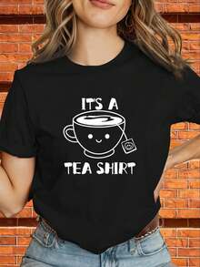 Limited Time Offer, Limited Quantities, Flash ! Women's Casual Shirts, Women's Polyester T-Shirts, Stylish Shirts. This Women's T-Shirt Features A Geometric Print With Coffee Motifs And Geometric Designs. It Has Short Sleeves, A Relaxed Fit, And Is Available In Black And Gold. Made From Slightly Stretchy, Machine-Washable (Wrinkle-Resistant) Fabric, This Casual Summer T-Shirt Is Perfect For Everyday Wear. - 黑色 - 查看 1