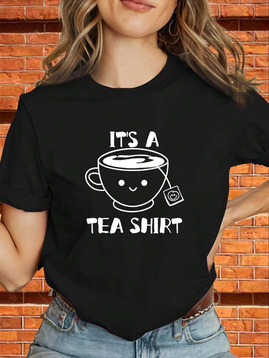 Limited Time Offer, Limited Quantities, Flash ! Women's Casual Shirts, Women's Polyester T-Shirts, Stylish Shirts. This Women's T-Shirt Features A Geometric Print With Coffee Motifs And Geometric Designs. It Has Short Sleeves, A Relaxed Fit, And Is Available In Black And Gold. Made From Slightly Stretchy, Machine-Washable (Wrinkle-Resistant) Fabric, This Casual Summer T-Shirt Is Perfect For Everyday Wear. - 黑色 - 查看 1