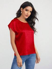Clasi Top de manga murciélago de leopardo jacquard de satén - Rojo - Ver 3