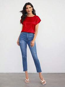Clasi Top de manga murciélago de leopardo jacquard de satén - Rojo - Ver 4