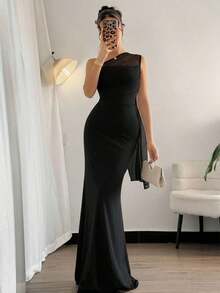 Vestido ajustado asimétrico de cuello elegante, romántico y sexy, adecuado para fiesta, vacaciones en la playa, vuelta al colegio, citas románticas, temporada de bodas, cumpleaños, Pascua, primavera/verano - Negro - Ver 8
