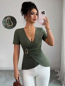 Camiseta de ajuste ceñido de color liso elegante para mujer en verano - Verde militar - Ver 9