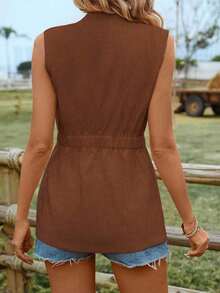 Chaqueta informal holgada, sencilla y de botón sin mangas para mujer - Marrón - Ver 2