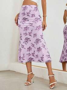 Falda de malla con estampado floral para mujer con cinturilla elástica y dobladillo de sirena - Lila Púrpura - Ver 9