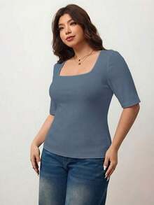 Camiseta de manga corta de cuello cuadrado de ajuste ceñido y elástica para mujer de talla grande, camiseta primavera y verano amigable con la piel, compatible con curvas redondeadas del Body, compatible con la forma del Body redondeada de Apple/20 - Azul marino - Ver 3