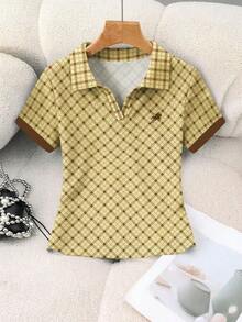 Camisa polo corta de mujer con estampado a rayas de equitación, cuello de color contrastante - Multicolor 8 - Ver 4