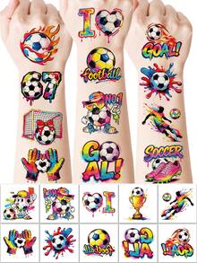 16sheets Soccer-Themed Party Tattoo Stickers, Featuring Realistic Football Designs Including Soccer Moves, Soccer Fields, Jerseys, And Cleats. Multi-Element Pattern Design For Sports Events And Soccer Party Costumes. Temporary Faux Tattoos - Multicolor - View 1