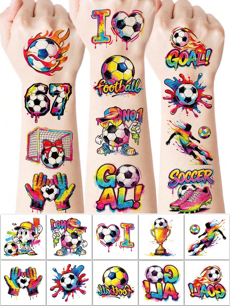16sheets Soccer-Themed Party Tattoo Stickers, Featuring Realistic Football Designs Including Soccer Moves, Soccer Fields, Jerseys, And Cleats. Multi-Element Pattern Design For Sports Events And Soccer Party Costumes. Temporary Faux Tattoos - Multicolor - View 1