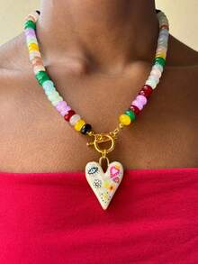 Handmade Colorful Beaded Necklace With OT Clasp And Heart Pendant, Vintage Fashion Choker For Women - Colorful Beads - View 1