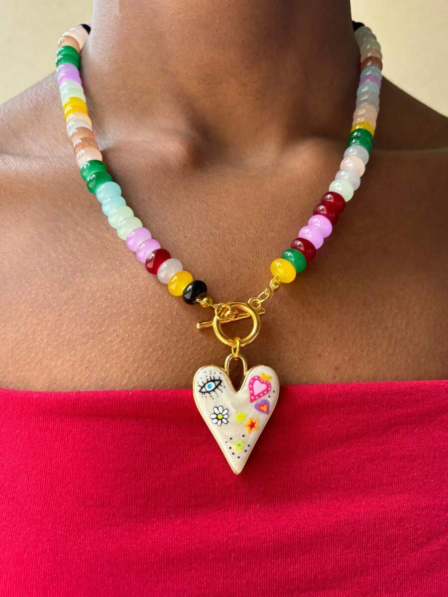 Handmade Colorful Beaded Necklace With OT Clasp And Heart Pendant, Vintage Fashion Choker For Women - Colorful Beads - View 1