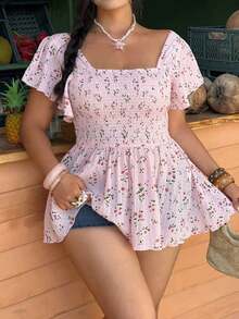 Blusa de manga corta con pliegues y estampado floral para mujer talla grande, para uso casual/vacaciones/oficina - Blanco - Ver 4