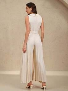 Mono plisado con diseño de chaleco cruzado elegante para mujer, color albaricoque, para primavera y otoño - Albaricoque - Ver 2