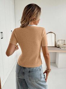 Cárdigan casual de mujer de manga corta, cuello redondo, con botones delanteros, de unicolor y delgado - Albaricoque - Ver 2