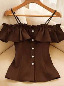 Blusa de hombros descubiertos con botones frontales y volantes de unicolor simple, para verano - Café integral - Ver 5