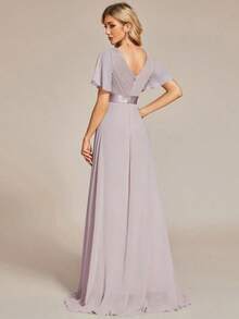 Vestido de dama de honor con cuello en V elegante, mangas con volantes y mariposa, color verde salvia, vestido de invitada de boda, vestido de primavera semi-formal para boda, fiesta de cumpleaños, graduación, Día de San Valentín - Púrpura malva - Ver 2