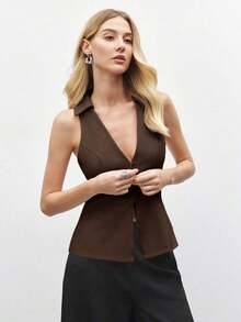 Blusa sin mangas de cuello blanco para mujer, de estilo urbano moderno y elegante, versátil para uso diario, con un toque retro de los 90.Adecuada para Navidad, Año Nuevo, San Valentín, fiestas, playa, graduación, moda, festivales, vacaciones, in - Marrón - Ver 5