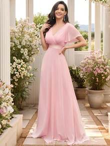 Vestido de dama de honor con cuello en V elegante, mangas con volantes y mariposa, color verde salvia, vestido de invitada de boda, vestido de primavera semi-formal para boda, fiesta de cumpleaños, graduación, Día de San Valentín - Rosa - Ver 7
