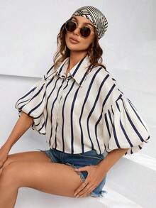 Aveloria Frievida Women's Short Sleeve Button-Down Striped Bishop Sleeve Shirt - Hitam - View 9