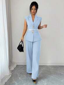 Conjunto de blazer de unicolor con decoración de hebilla metálica y bolsillo falso + pantalones rectos de cintura alta y sueltos, estilo vintage francés elegante para oficina, viajes, negocios, casual, citas, primavera/verano - Azul - Ver 4