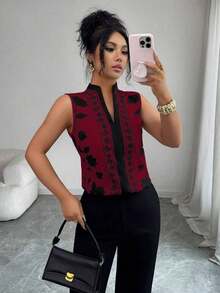 Blusa con cuello en V, estampada y sin mangas con cierre a media altura - Multicolor 9 - Ver 6