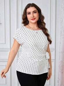Camisa casual de manga corta con diseño plisado y teñido anudado para mujer de talla grande, adecuada para vacaciones, fiestas y salidas - Blanco - Ver 6