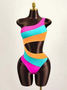 Traje de baño de una pieza con bloque de color y un solo hombro para mujer, ideal para nadar, vacaciones y playa en verano - Multicolor 4 - Ver 3