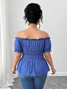 Blusa de manga corta con hombros descubiertos, volantes y estampado de flores de cerezo, de talla grande y diseño elegante.Corte de cintura minimalista y estilizador.Adecuada para el uso diario, citas, salidas y vacaciones. - Azul - Ver 2