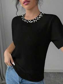 Camiseta de manga corta con decoración de strass para mujer, verano - Negro - Ver 4