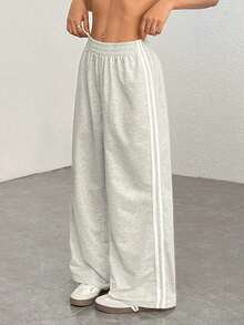 Pantalones casuales con rayas laterales negras, de estilo simple y de moda para uso diario, graduación, maestros y vuelta al colegio para mujeres - Gris Claro - Ver 7