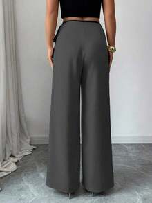 Elenzya Pantalones anchos de traje de color block elegante color albaricoque para mujeres - Gris Oscuro - Ver 2
