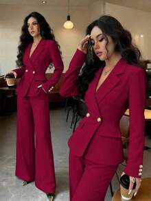 Conjunto de blazer y pantalón de bolsillo de unicolor azul con botones dorados y cuello entallado elegante para mujer, versátil para otoño/invierno - Rojo - Ver 3