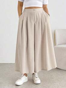 Comfortable And Loose-Fitting Elastic-Waist Pleated Shorts/Skirts, A Basic And Versatile Style For Everyday Wear, Flattering The Figure, In Apricot Color, For Plus-Size Women, For Spring/Summer - Khaki - View 5