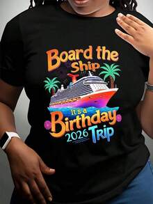 1 pieza Camiseta de Fiesta de Crucero 'El Barco es un Viaje de Cumpleaños 2026' para Hombres y Mujeres, Regalo de Celebración de Cumpleaños, Vacaciones, Atuendo de Verano, 180g 100% Algodón - Blanco - Ver 9