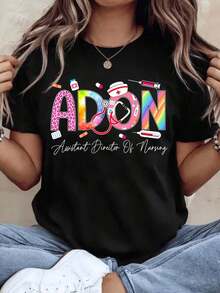Women's Cotton T-Shirts, Colorful Medical Design Nursing Assistant T-Shirt, Stethoscope, Nurse's Cap And Pills For Nurse Work Clothes, Women's Basic Blouses. - 黑色 - 查看 2