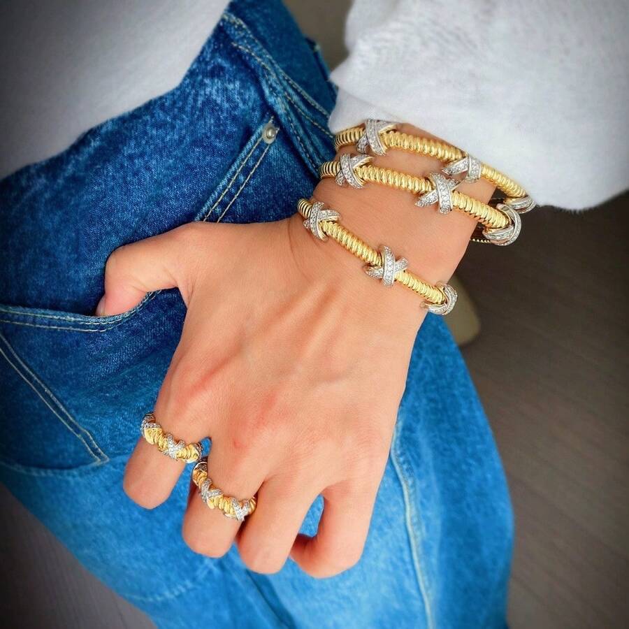 1 pieza/Set Brazalete de estilo diamante de color dorado, diseño de arte metálico, conjunto de pulsera y anillo cruzado de alta calidad con micro-incrustaciones, adecuado para el Día de la Madre, San Valentín, uso diario - Dorado - Ver 1