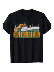 Solo se venden camisetas: Camiseta gráfica Run Forest Run para hombre - 100% algodón, ligera, transpirable, ropa casual de estilo urbano con diseño de motosierra naranja y árbol de pino, corte regular, para uso en exteriores y casual en todas las estaciones, ropa para todas las estaciones, camiseta de diseño audaz, camiseta cómoda. - Negro - Ver 1