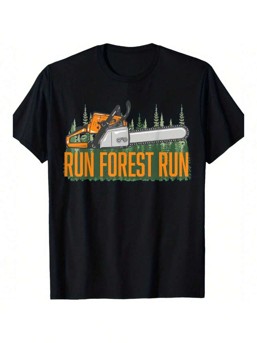 Solo se venden camisetas: Camiseta gráfica Run Forest Run para hombre - 100% algodón, ligera, transpirable, ropa casual de estilo urbano con diseño de motosierra naranja y árbol de pino, corte regular, para uso en exteriores y casual en todas las estaciones, ropa para todas las estaciones, camiseta de diseño audaz, camiseta cómoda. - Negro - Ver 1