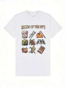 Camiseta de manga corta con cuello redondo suave y casual para mujer, estampado gráfico divertido de bandas retro de los 90. Blanco. - Blanco - Ver 4