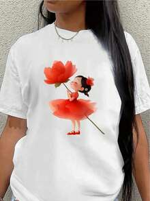 Camiseta de manga corta, ligera y duradera, con un diseño floral rojo de estilo ballet, es perfecta para salidas informales en casa o en una cafetería, ofreciendo una experiencia de uso diario cómoda.women's shirts - Blanco - Ver 1