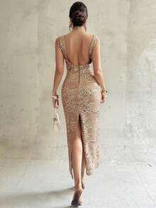 Vestido largo con cuello cuadrado, espalda descubierta y abertura, vestido de noche de lentejuelas, vestido de fiesta sexy y elegante, vestido de lentejuelas sin mangas, vestido de lentejuelas con flores 3D, adecuado para primavera, verano, otoño, invierno, elegante, ir al trabajo, citas, fiestas, bodas, graduaciones, actuaciones, conciertos, regreso a clases, reuniones anuales, cumpleaños, vacaciones - Marrón - Ver 5