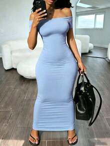 Solva Vestido elegante de unicolor con hombros descubiertos y mangas cortas ajustado para mujer - Beis - Ver 10
